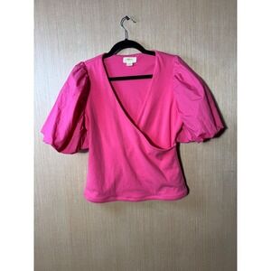 Maeve Anthropologie Pink Wrap Top Puff Short Sleeve Blouse Womens Size Medium